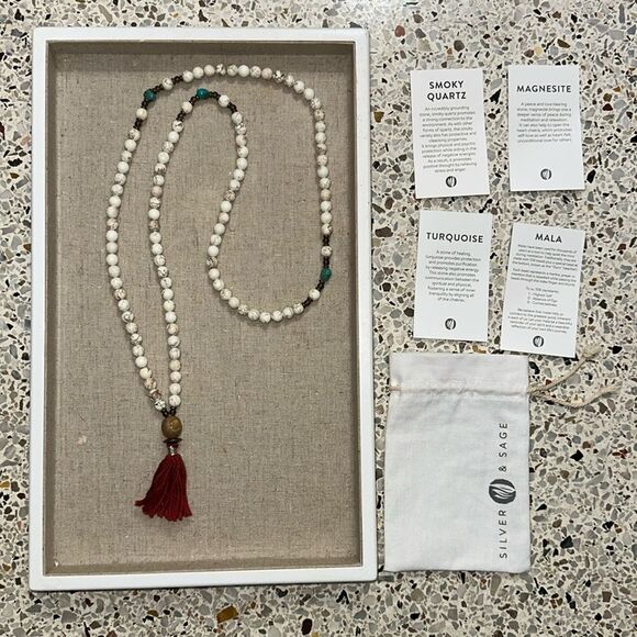 Silver & Sage Mala turquoise smoky quartz magnesite necklace red tassel - Picture 1 of 6